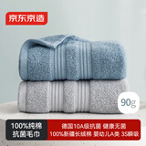 京东京造 90g抗菌纯棉毛巾 A类柔软速干新疆棉加厚洗脸巾 2条 蓝+灰