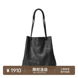 裘真008水桶包女斜挎通勤大容量真皮复古小众植鞣牛皮包包 黑色-大号
