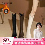 达芙妮厚底V口长筒靴女2026秋冬爆款女靴高筒靴显瘦百搭增高骑士靴子女 黑色【加绒款】 37