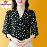 皮尔卡丹（pierre cardin）2025夏季新款真丝衬衫女七分袖上衣中年波点桑蚕丝衬衣遮肚子小衫 黑色 2XL （120-130斤）