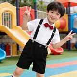 GOKU男童礼服套装幼儿园演出服背带裤夏季小主持人儿童西装毕业服花童 黑色裤子+衬衫+背带+领结 100 建议体重25-30斤