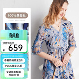 帕罗（PALUOPO）夏季真丝连衣裙100%桑蚕丝女装高端v领小碎花轻奢小个子气质穿搭 蓝色 M (160/84A)