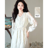 德玛纳（dme）【轻奢提花a字裙】春秋v领收腰蕾丝x型连衣裙女中长款