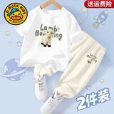 G.duck小黄鸭儿童短袖套装2026新款男童夏季T恤女童防蚊长裤中小童衣服 白色T恤+小杏色裤 90 码（建议身高80-90cm）