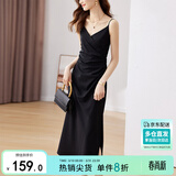 尚都比拉设计感抽褶收腰显瘦中长款V领吊带连衣裙夏季修身小黑裙 黑色 S 