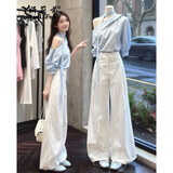 妍莉芬（yanlifen）韩系穿搭女装套装夏季设计感斜肩蓝色衬衫阔腿裤子两件套女新款 蓝色衬衫+白色裤子 S