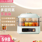 富得莱电蒸锅电煮锅大容量家用蒸锅一体多功能电蒸箱蒸笼锅多层蒸汽锅多用途锅 茉莉白两层蒸笼豪华款