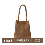 裘真008水桶包女斜挎通勤大容量真皮复古小众植鞣牛皮包包 大象灰-小号