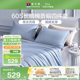 富安娜床上四件套60S长绒棉纯色套件100%纯棉床单被套 双人加大230×229cm 蓝