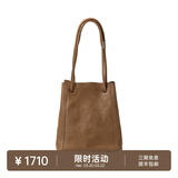 裘真008水桶包女斜挎通勤大容量真皮复古小众植鞣牛皮包包 大象灰-小号