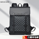 Marcue karos双肩包男皮质男士背包休闲时尚百搭电脑包出差旅行男包青年书包潮 黑色格子M9002