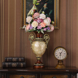 瓷梵客大象摆件招财家居客厅玄关电视柜酒柜装饰品仿真花花瓶干花插花工艺品三件套装欧式美式中式奢华 大号花瓶+紫粉牡丹花束