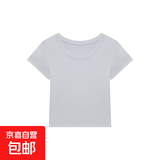 夏季ins正肩修身短款T恤甜妹辣妹休闲时尚显瘦纯欲韩版百搭上衣 白灰色 S 建议：70斤-100斤