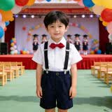 GOKU男童礼服套装幼儿园演出服背带裤夏季小主持人儿童西装毕业服花童 蓝色裤子+衬衫+背带+领结 120 建议体重35-40斤