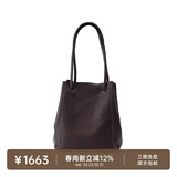 裘真008水桶包女斜挎通勤大容量真皮复古小众植鞣牛皮包包 咖啡色-小号