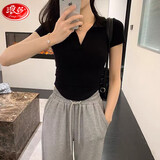 浪莎polo领衫短袖t恤女款夏季纯欲风黑色半袖上衣短款修身打底衫