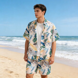 MOLOON男士泳衣短袖花衬衫沙滩服三亚夏威夷风旅游度假情侣夏季薄款套装 套装A款（衬衫+短裤） 3XL （建议165-185斤）