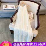 欧贝汐复古白色挂脖蕾丝吊带连衣裙女夏季海边度假沙滩长裙露肩气质裙子 杏色 M
