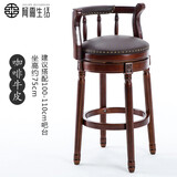 阿雨生活美式实木吧台椅轻奢吧椅复古真皮旋转酒吧椅家用欧式靠背高脚椅子 75cm深色镂空款-咖啡色牛皮