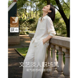德玛纳【含天然亚麻套装】秋季淡人风翻领衬衫松紧腰长裤宽松女式两件套