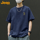 JEEP吉普短袖T恤男士夏季宽松重磅上衣服纯棉潮流印花男装藏青L