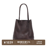 裘真008水桶包女斜挎通勤大容量真皮复古小众植鞣牛皮包包 咖啡色-大号