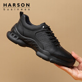 哈森（Harson）头层小牛皮男鞋春季运动皮鞋厚底商务休闲鞋真皮通勤高端健步鞋 黑色 四季款 42 (260mm)