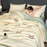 曼克顿（MANKEDUN）夏季冰丝夏凉被四件套纯色刺绣空调被床上用品套件单双人家用宿舍 幸运马-奶黄绿 1.8 床单款 夏被200*230cm+床单+枕套2