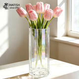 墨斗鱼直筒透明玻璃竖条花瓶水养富贵竹百合花器餐桌摆件高25cm口径10cm