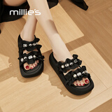 妙丽（Millies）拖鞋女外穿仙女风厚底露趾一字带2026夏季新款百搭松糕轻便凉拖鞋 黑色 跟高5cm 37