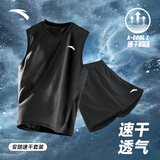 安踏速干运动健身背心男士夏季款冰丝透气篮球服跑步训练无袖T恤坎肩 【速干背心+短裤套装】基础黑7208-4 L /175 适合120-140斤