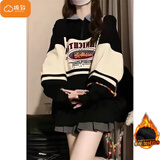 棉致美式拼色polo领卫衣女秋冬季新款宽松学生慵懒风加厚加绒 黑色【B307常规高品质】 M 80-100斤