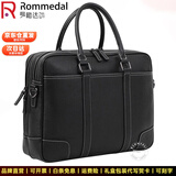 罗梅达尔（Rommedal）轻奢商务公文包男高端男士牛皮商务手提包真皮大容量多功能电脑包 黑色小号（白线）长38*高28*厚9cm 头层牛皮