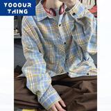 YOOOURTHING美式复古格子衬衫男长袖春秋冬加绒加厚宽松情侣百搭休闲衬衣外套 黄格 XL (建议125-145斤)