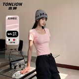 唐狮（TonLion）短袖女装方领背心夏季新款修身显瘦正肩短款t恤小个子女士上衣服