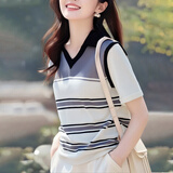 阅樱短袖T恤女2026夏新款女装韩版翻领修身显瘦气质条纹上衣学生打底 黑色 2XL