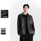 太平鸟男装PU皮夹克明线茄克翻领外套休闲上衣潮 黑色第四批（合体） XL