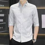 莱北（LAIBEI） 七分袖衬衫男夏季衬衣帅气中袖男装冰丝薄款竖条纹商务休闲衣服 白色 XL/175【120-135斤穿】