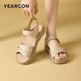 意尔康凉鞋女真皮软底魔术贴舒适坡跟中老年妈妈凉鞋 18061W 杏色 37