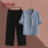 俞兆林（YUZHAOLIN）妈妈夏装套装新款中老年女装老太太时尚休闲雪纺衫两件套老人衣服 蓝色（+黑色阔腿裤） 2XL （建议105-115斤）