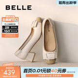百丽（Belle）舒适优雅单鞋女蝴蝶结牛皮方跟鞋D3S1DAQ5预售 米白 37