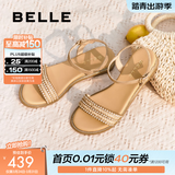 百丽（Belle）度假风一字带凉鞋女商场同款水钻面凉鞋3CQ36BL5 杏色 38 (240mm)