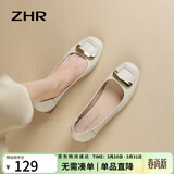 ZHR女鞋浅口单鞋女春秋粗跟通勤妈妈皮鞋2026新款船鞋女AH378米色40