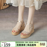 ZHR坡跟凉鞋女夏真牛皮厚底女鞋时尚细带水钻高跟鞋子女 AY92 香槟37