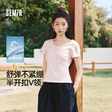 森马（Semir）短袖T恤女夏季短款V领半开襟套头衫紧身正肩2026上衣109326100046