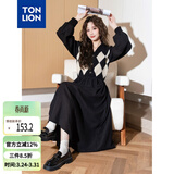 唐狮（TonLion）2024黑色v领拼接格纹连衣裙女复古针织格子裙气质长裙 黑色 S 