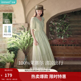 茵曼（INMAN）法式薄荷曼波连衣裙2024夏女装新品V领灯笼袖抽绳 水沫绿 XL