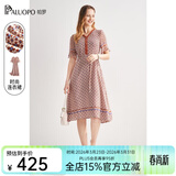 帕罗（PALUOPO）夏季真丝连衣裙100%桑蚕丝女装高端v领小碎花轻奢小个子气质穿搭 夹花红 L (165/88A)