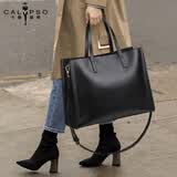 卡里普斯（CALYPSO）手提包女包真皮大包通勤新款女士电脑包公文包商务女包简约大气 黑色 大版