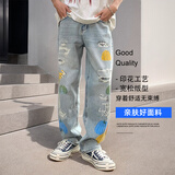 2025春夏新款数码印花潮流牛仔裤男美式潮牌痞帅高级感宽松直筒裤 蓝色 19007 3XL 体重 90-100kg